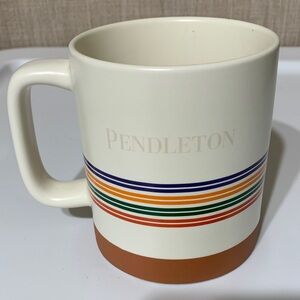 Pendleton Wollen Mills Cream Mug with Multicolor Stripes and Tan Base